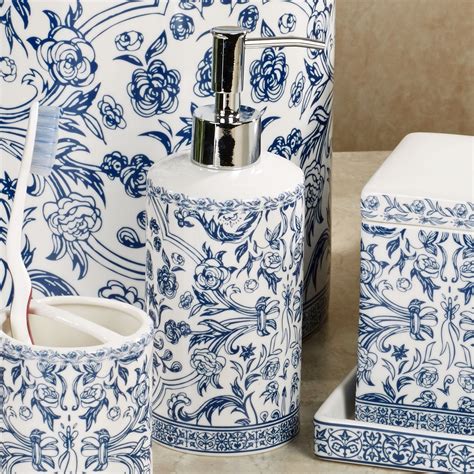 blue ceramic bathroom accessories.